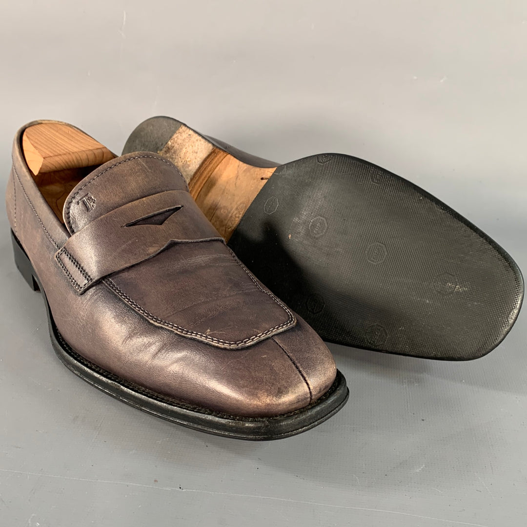TOD'S Size 9 Grey Leather Split Toe Penny Loafers