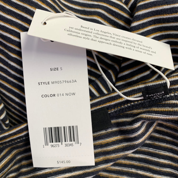 VINCE Size S Navy Yellow & White Stripe Cotton Open Collar Pullover