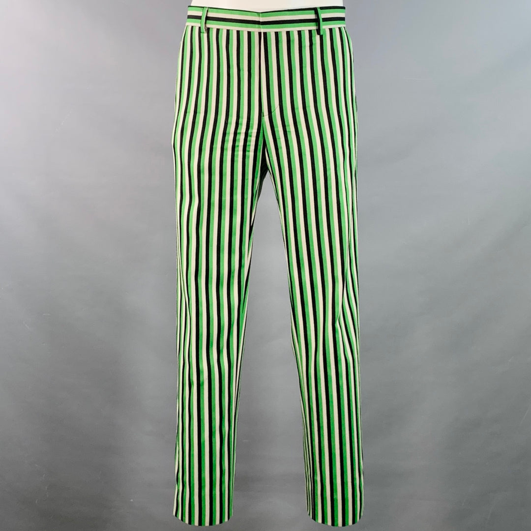 WALTER VAN BEIRENDONCK SS17 Size 42 Long Green Black White Wool Cotton Stripe Suit