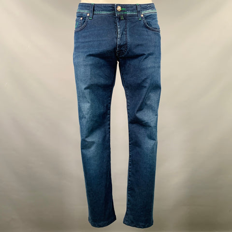 JACOB COHEN Size 34 Blue Green Contrast Stitch Cotton Blend Button Fly Jeans
