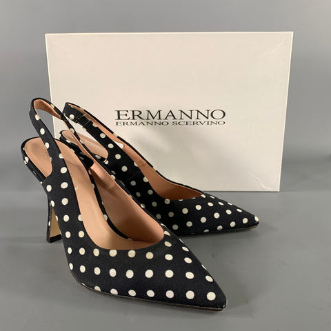 ERMANNO SCERVINO SS19 Size 7 Black White Canvas Polka Dot Slingback Pumps