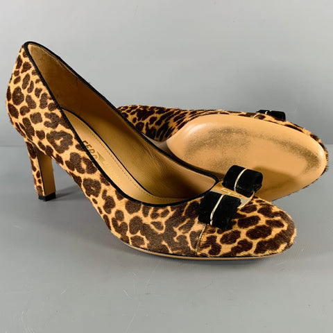 SALVATORE FERRAGAMO Size 9 -Carla- Brown Beige Calf Hair Animal Print Bow Pumps