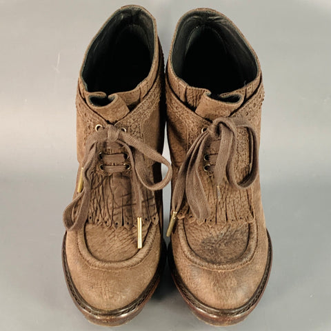 BURBERRY PRORSUM Size 9 Howcroft Brown Leather Fringe Lace-Up Platform Booties Pumps
