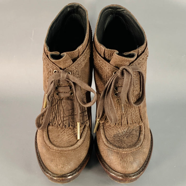 BURBERRY PRORSUM Size 9 Howcroft Brown Leather Fringe Lace-Up Platform Booties Pumps