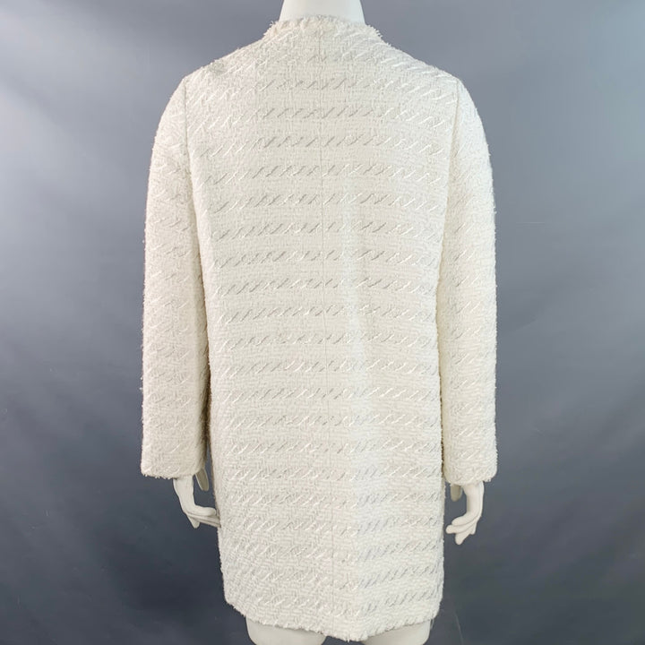 WEILL PARIS Size 12 White Cotton Blend Tweed Collarless Hook Eye Coat