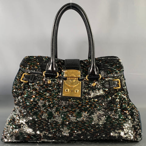 MIU MIU Black Metallic Sequined Leather Top Handles Handbag