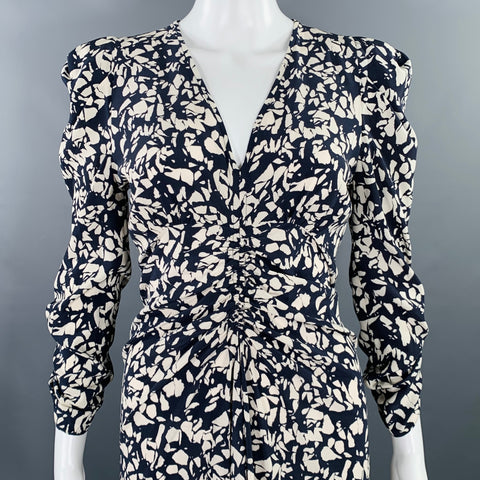 ISABEL MARANT Size XS Navy Cream Silk Blend Abstract Ruched Dress