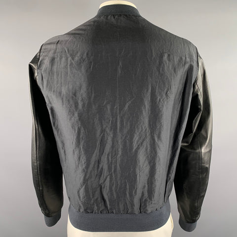 FENDI Size 44 Black Navy Linen Silk Leather Bomber Jacket