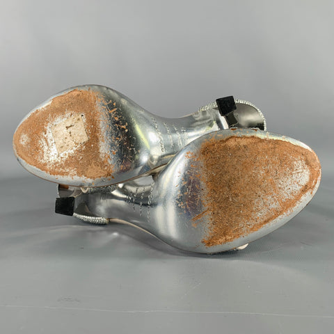 SERGIO ROSSI Size 5.5 Silver Grey Silk Ankle Strap Sandals