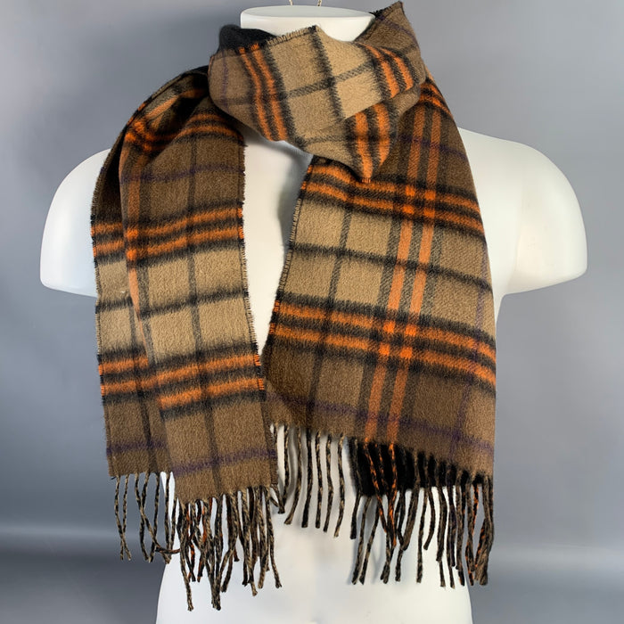BURBERRY Brown Orange Plaid Cashmere Scarf