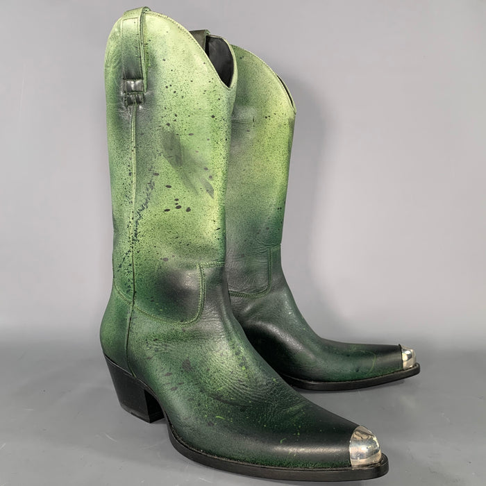 CALVIN KLEIN Size 12.5 Green Black Paint Splatter Leather Knee Length Boots