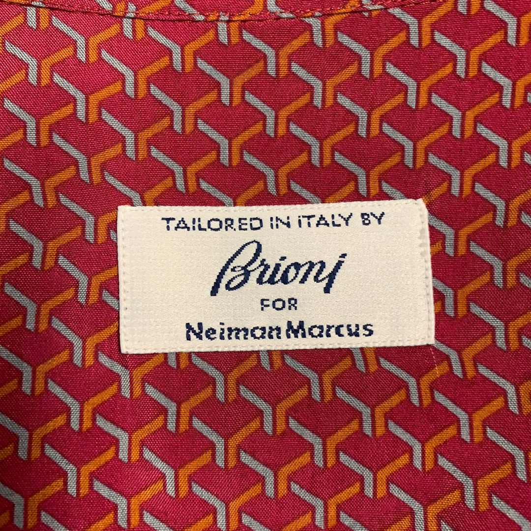 BRIONI Size L Burgundy Orange Blue Geometric Print Rayon Short Sleeve Shirt