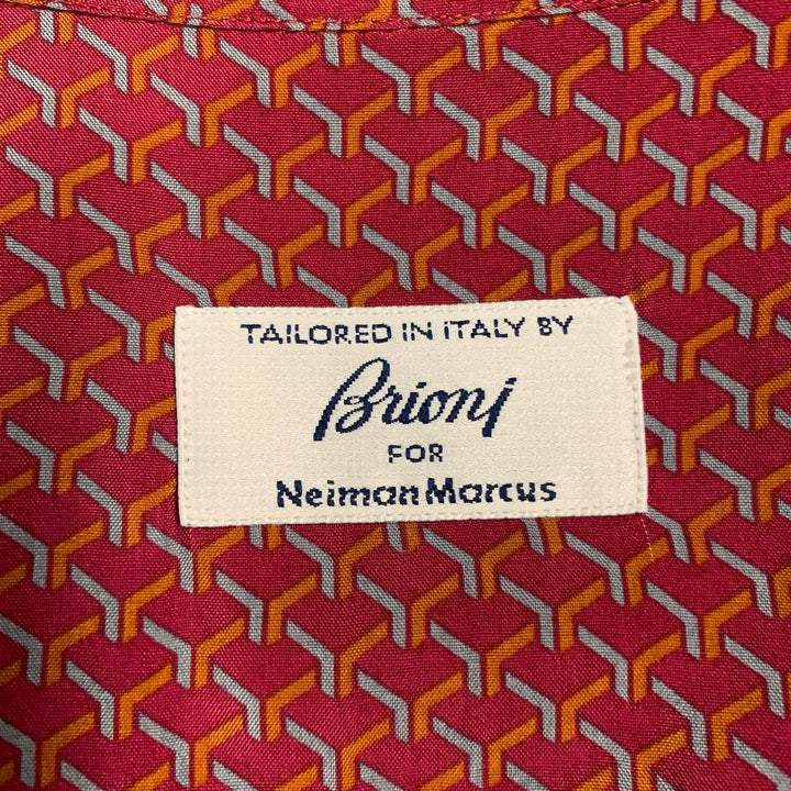 BRIONI Size L Burgundy Orange Blue Geometric Print Rayon Short Sleeve Shirt