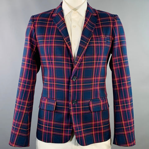MR TURK Size 42 Navy Orange Pink Plaid Polyester Blend Sport Coat