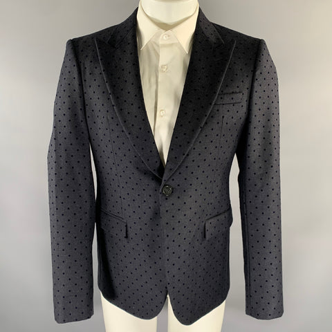 EMPORIO ARMANI Size 40 Navy Polka Dot Wool Blend Peak Lapel Sport Coat