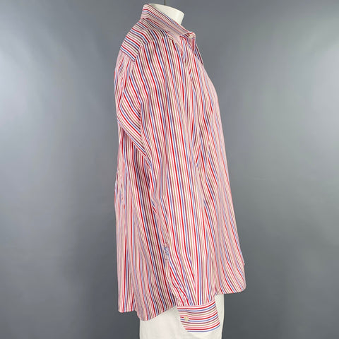 BUGATCHI Size XL White Multi Color Stripe Cotton Spread Collar Long Sleeve Shirt