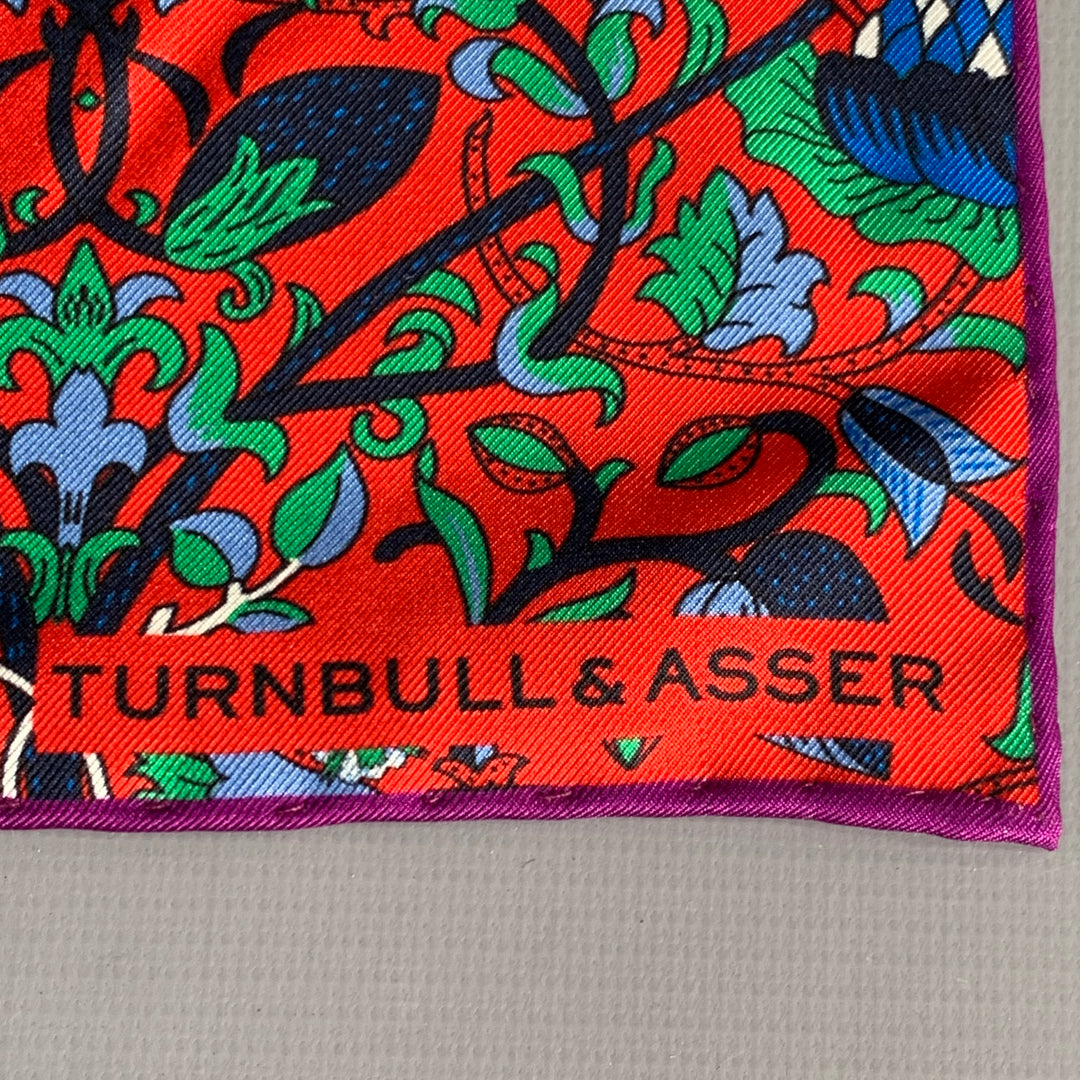 TURNBULL & ASSER Red Navy Green Floral Silk Pocket Square