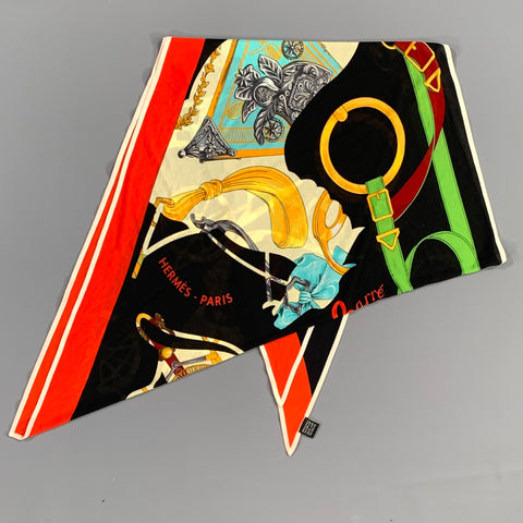 HERMES Black Color Block Equestrian Silk Scarves & Shawls
