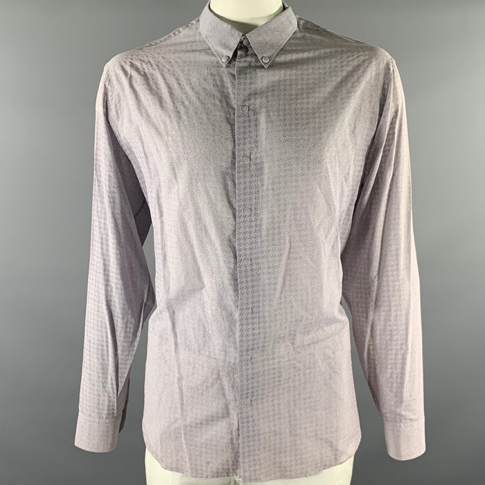 GIORGIO ARMANI Size XL Grey Lavender Houndstooth Cotton Silk Blend Long Sleeve Shirt