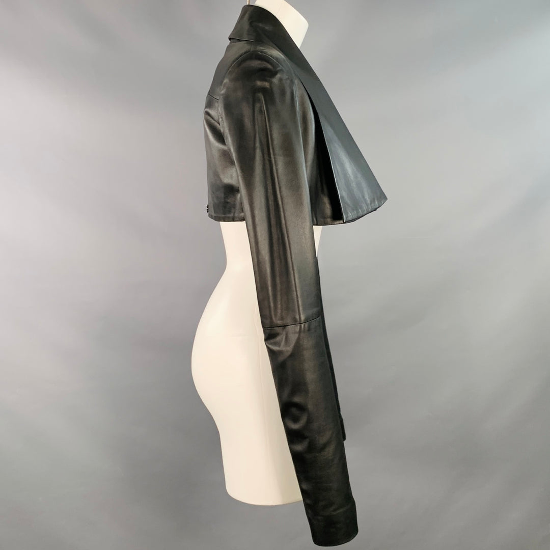 4G Size 0 Black Leather Cropped Large Lapel Open Front Jacket Blazer