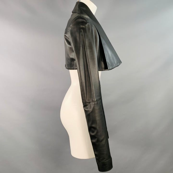 4G Size 0 Black Leather Cropped Large Lapel Open Front Jacket Blazer