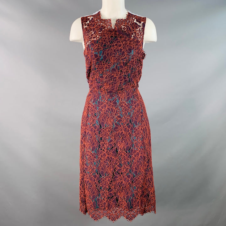 CARVEN Size M Orange Purple Guipure Lace Sleeveless Knee Length Cocktail Dress
