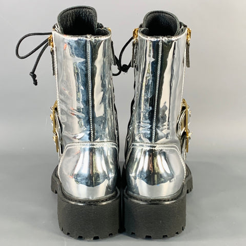 GIUSEPPE ZANOTTI Size 6 Metallic Silver Leather Belted Side Zipper Boots