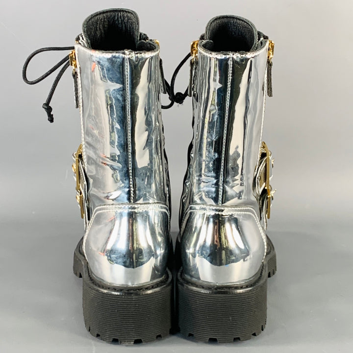 GIUSEPPE ZANOTTI Size 6 Metallic Silver Leather Belted Side Zipper Boots