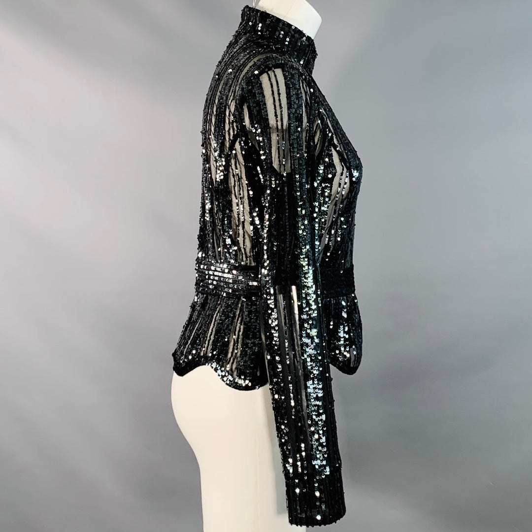 DEREK LAM Size 6 Black Polyester Sequined Stripe Mock Neck Dress Top