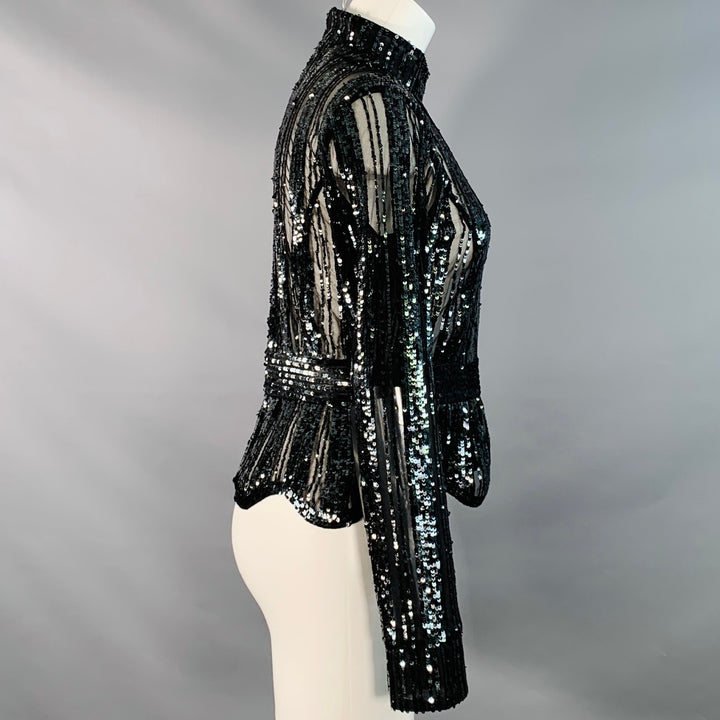 DEREK LAM Size 6 Black Polyester Sequined Stripe Mock Neck Dress Top