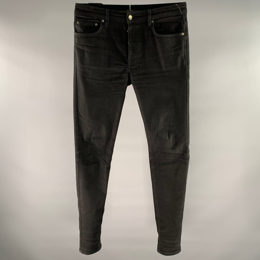 KSUBI Size 32 Black Washed Embroidered Cotton Slim Fit Jeans
