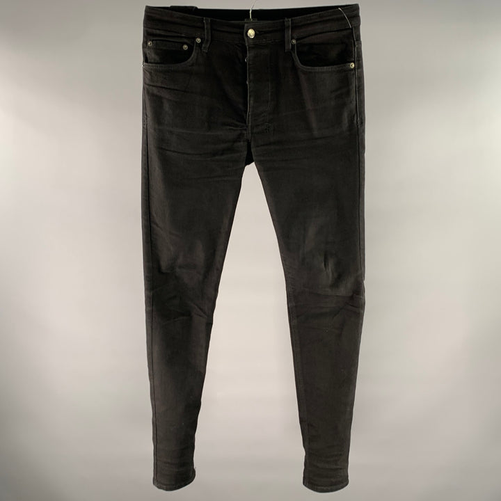 KSUBI Size 32 Black Washed Embroidered Cotton Slim Fit Jeans