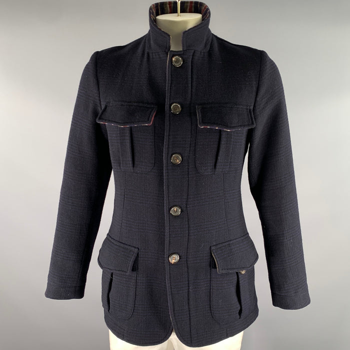 ETRO Size M Navy Plaid Wool Utility Coat