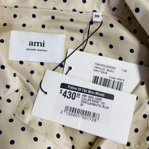 AMI by ALEXANDRE MATTIUSSI Size S Beige Navy Polka Dot Silk Camp Short Sleeve Shirt