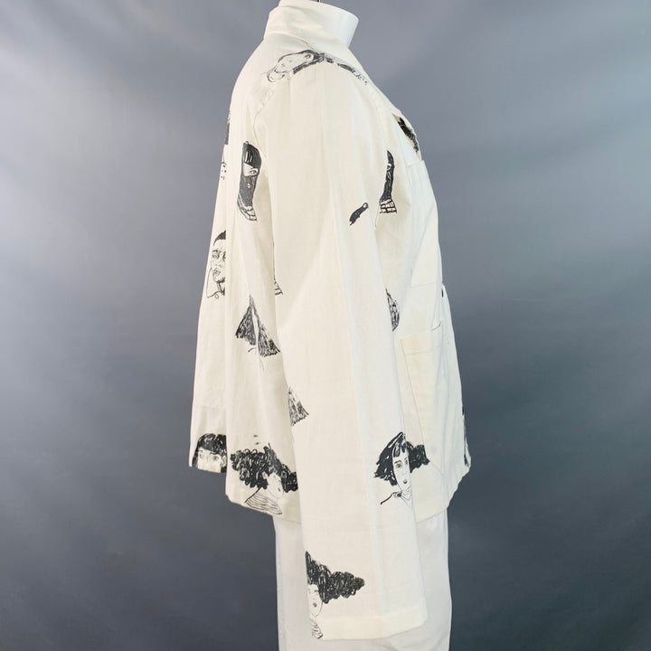 HOMBRE NECIO Size XL Beige Black Figures Print Linen Cotton Jacket