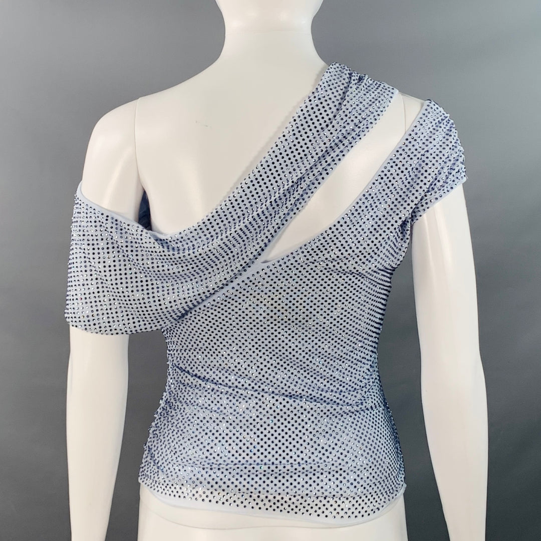 SELF-PORTRAIT SS25 Size 2 Pale Blue Polyester Blend Rhinestones Ruched Cutouts Dress Top