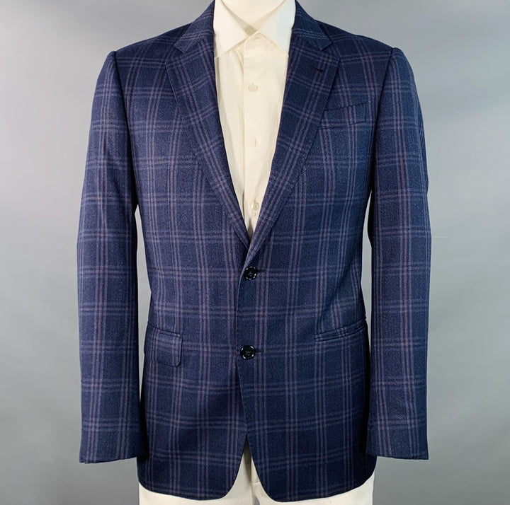 ARMANI COLLEZIONI Size 44 Navy Blue Brown Plaid Virgin Wool Notch Lapel Sport Coat