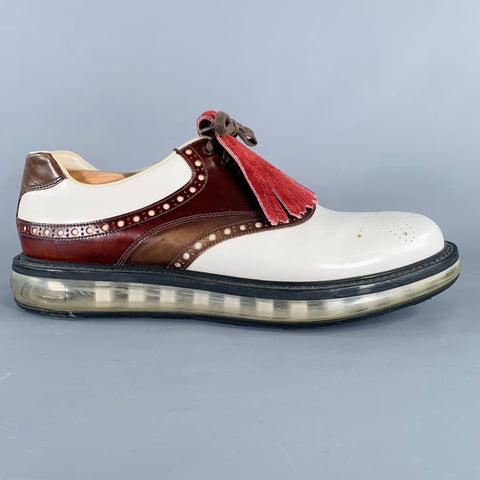 PRADA Size 12 White Burgundy Perforated Leather Lace-Up Shoes