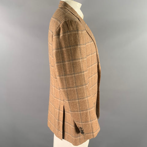 ISAIA Size 46 Brown Blue Grey Plaid Cashmere Notch Lapel Sport Coat