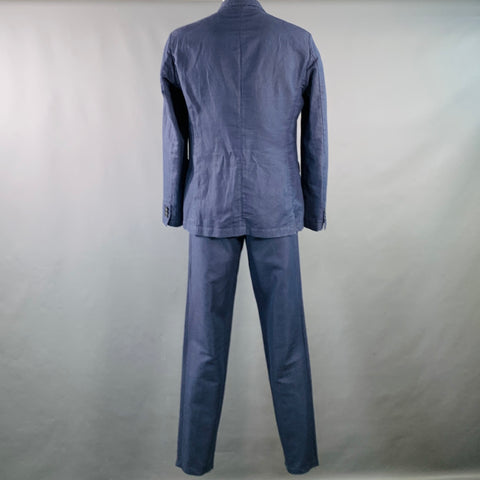 ADAM KIMMEL Size XL Blue Cotton Linen Notch Lapel Suit