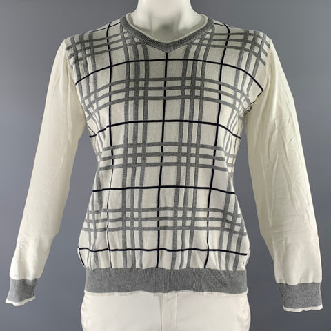 PRIVATE STOCK Size L White Grey & Black Plaid Cotton V-Neck Pullover