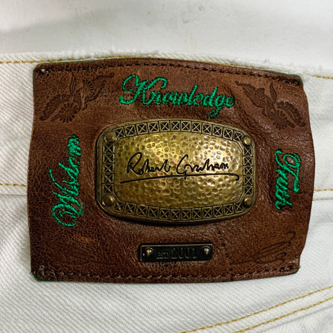 ROBERT GRAHAM Size 36 White Contrast Stitch Cotton Straight Distressed Jeans