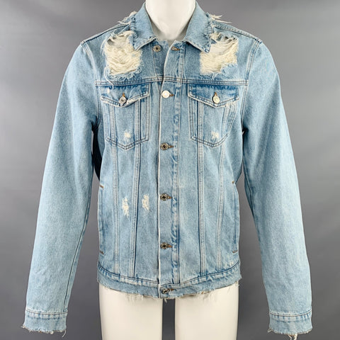 MSGM Size 40 Light Blue Distressed Denim Trucker Jacket