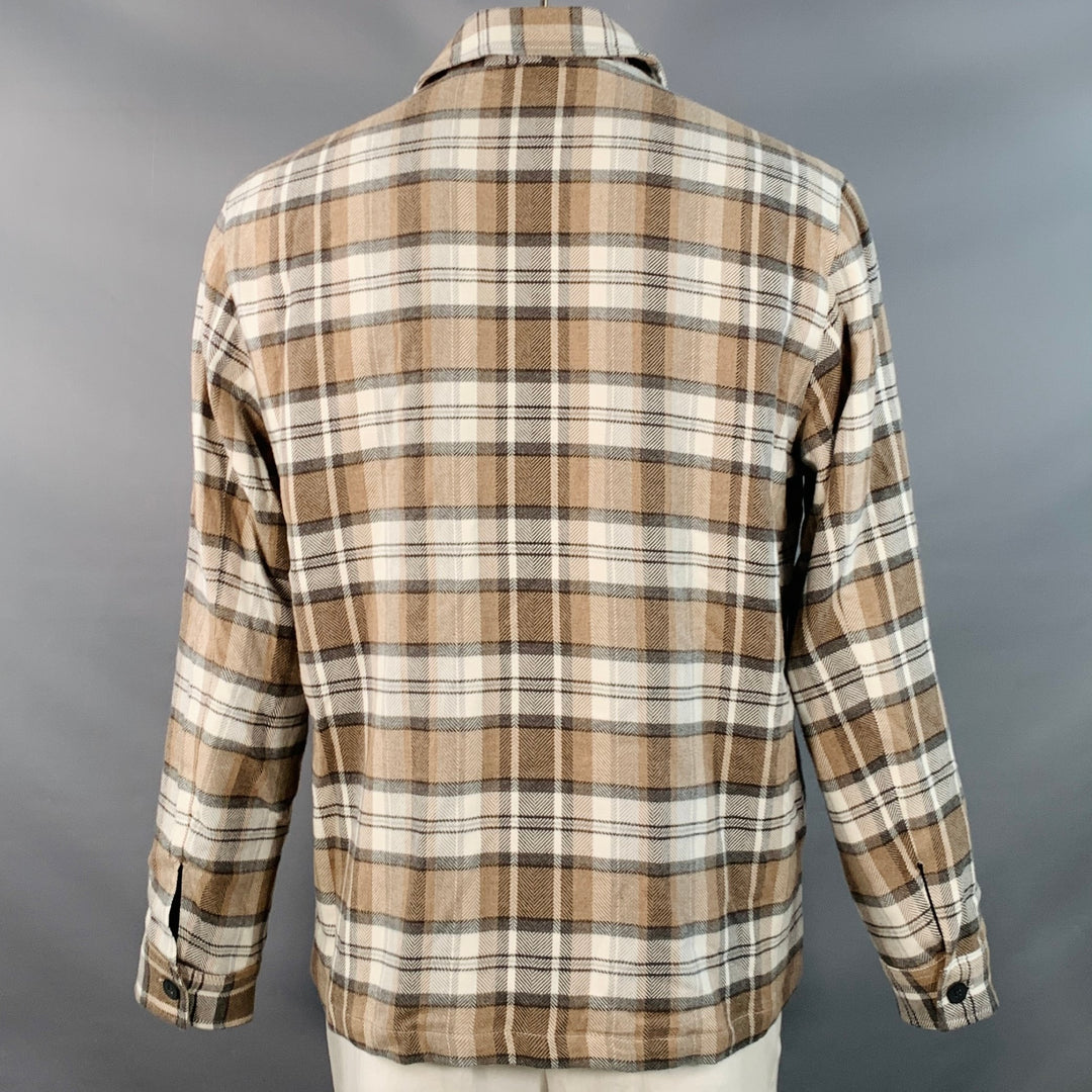 SAKS FIFTH AVENUE Size L Brown Grey Cream Plaid Cotton Shirt Jacket