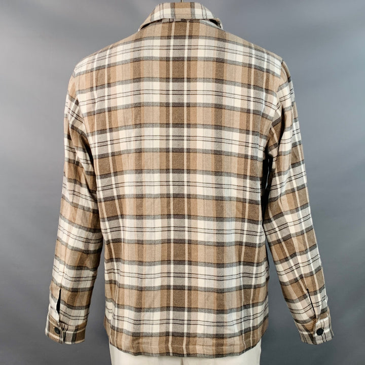 SAKS FIFTH AVENUE Size L Brown Grey Cream Plaid Cotton Shirt Jacket