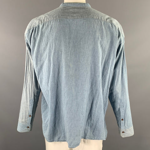 KAPITAL Size XL Blue White Stripe Cotton Linen Band Collar Long Sleeve Shirt