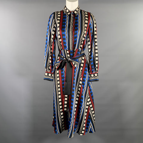 MARELLA Black White & Navy Polyester Geometric Midi Dress