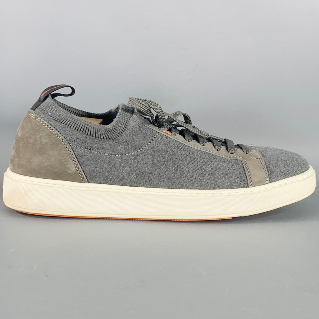 SANTONI Size 11 Grey Canvas Knit Lace-Up Sneakers