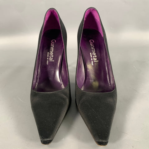 GUNMETAL Size 6.5 Black Satin Stiletto Pumps