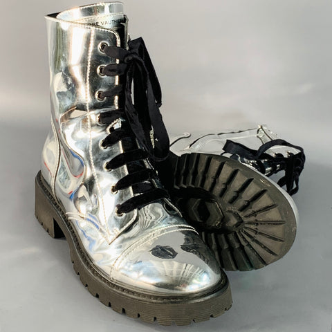 ALEXANDRE VAUTHIER Size 10 Metallic Silver Lace-Up Combat Boots